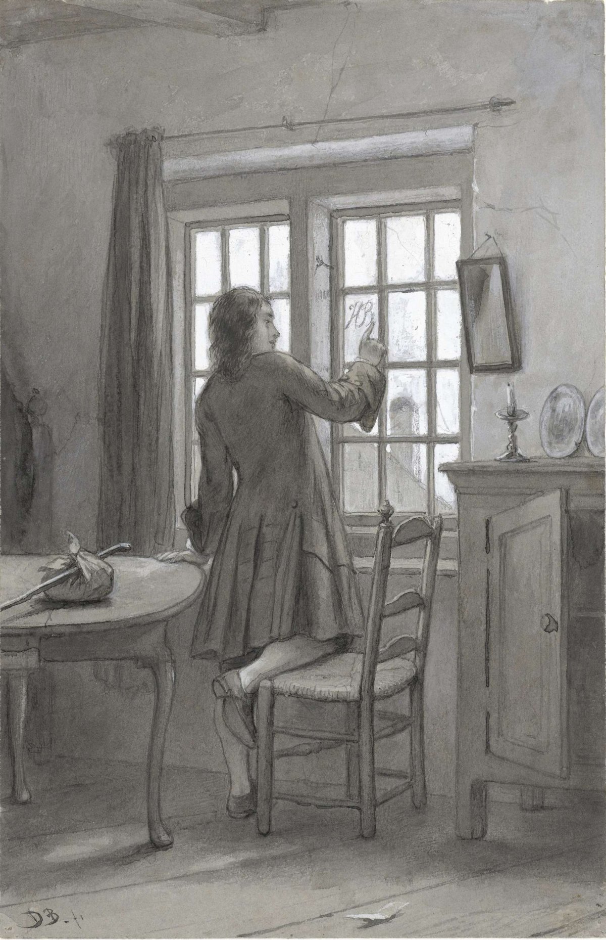 Ferdinand Huyck writes Henriette Blaek's initials on the windowpane, David Bles, 1831 - 1899