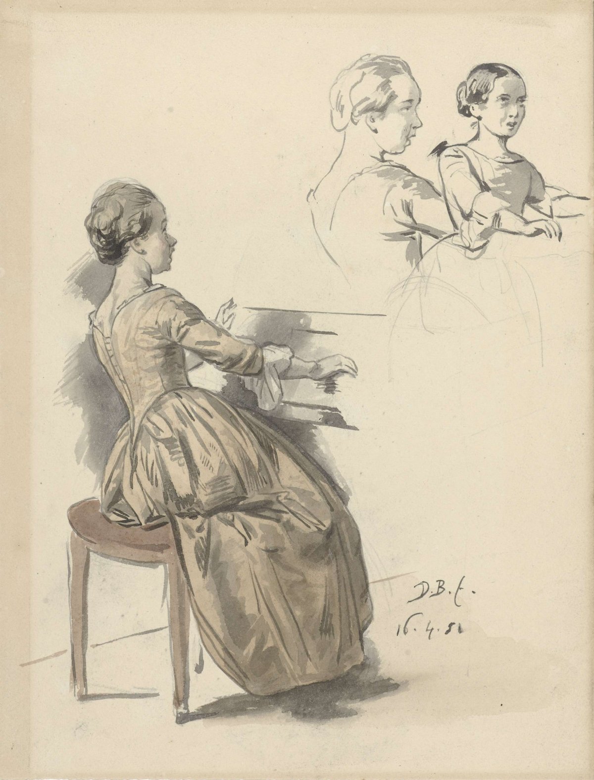 Woman singing at keyboard and two sketches of the same woman, David Bles, 1851