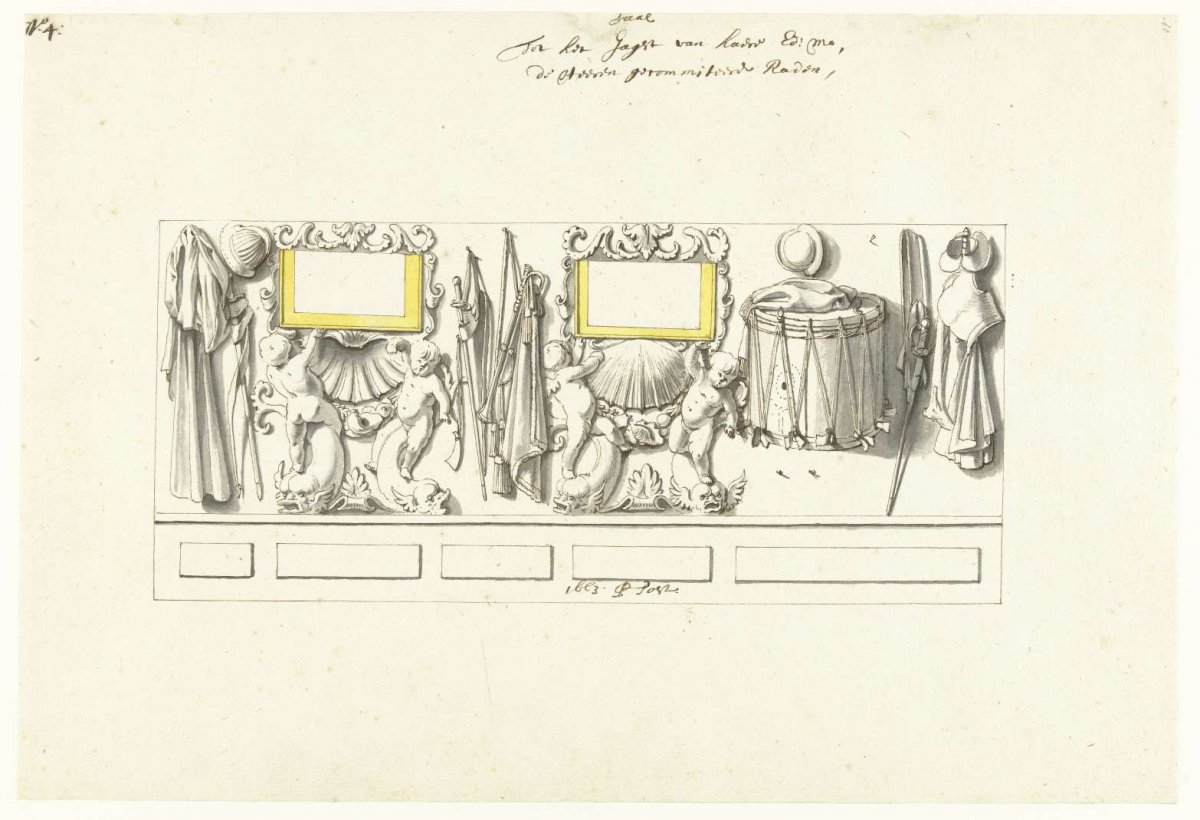 Interior decoration of state yacht with trophies, Pieter Jansz. Post, 1663