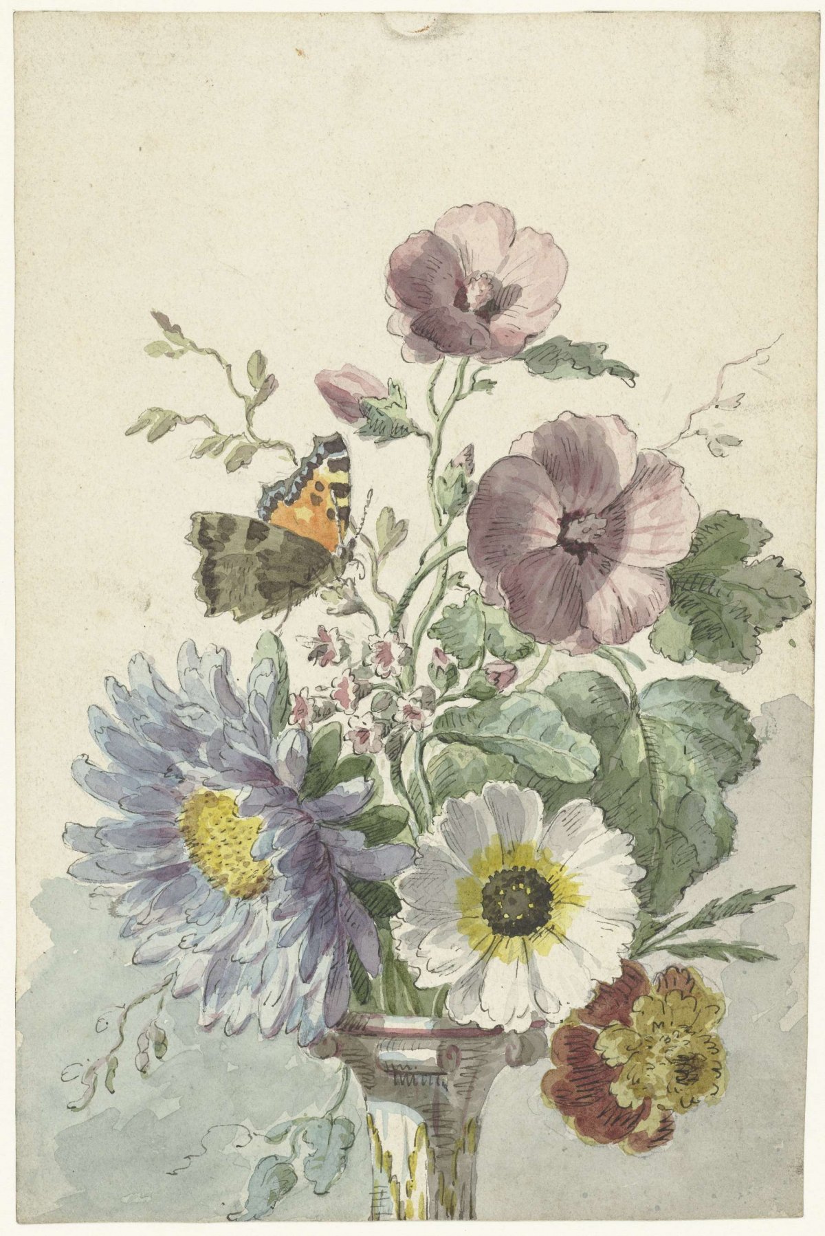 Bouquet of Flowers with a Painted Lady Butterfly, Willem van Leen, 1763 - 1825