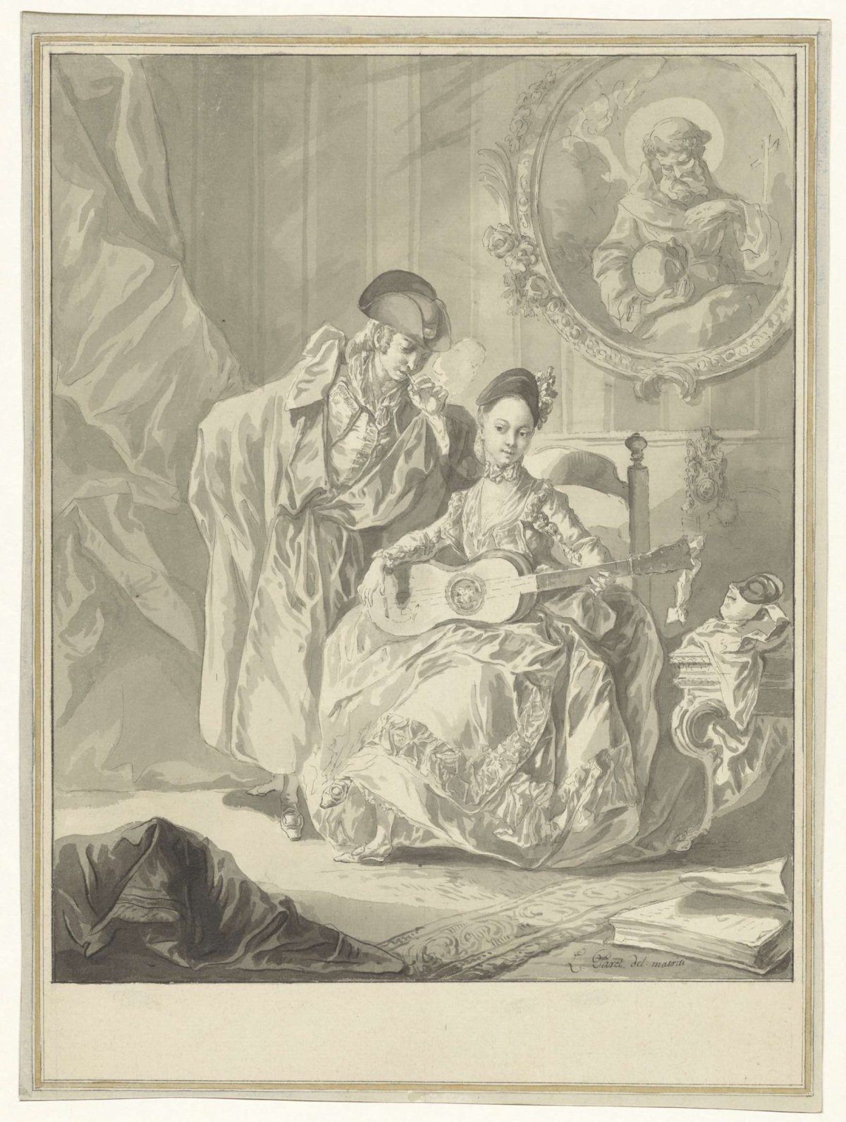 Seated guitar player and standing smoking man in an interior, Luis Paret y Alcázar, 1756 - 1799