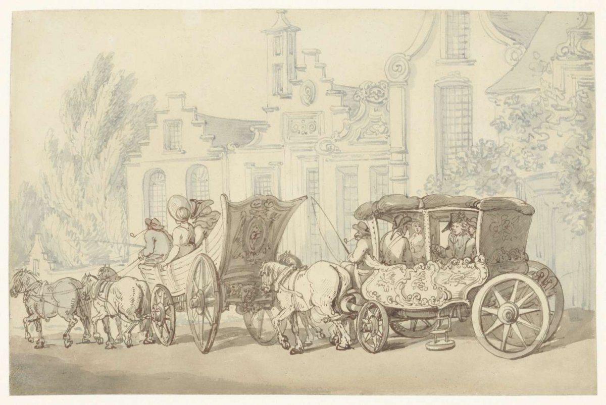 Open touring car and carriage in a quasi-Holland street, Thomas Rowlandson, 1790 - 1827