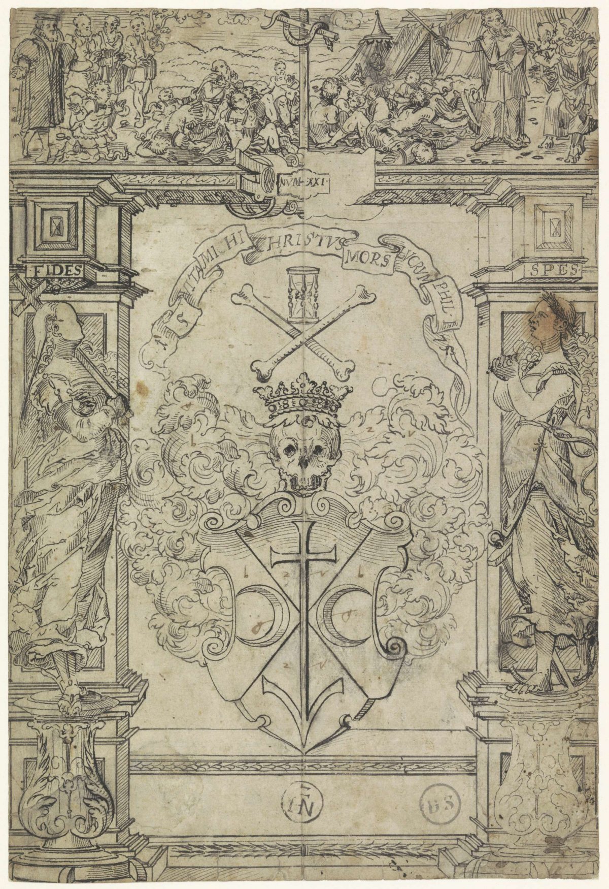 Design for a stained glass window with a coat of arms, the figures Fides and Spes, and Moses and the copper serpent, anonymous, 1500 - 1600