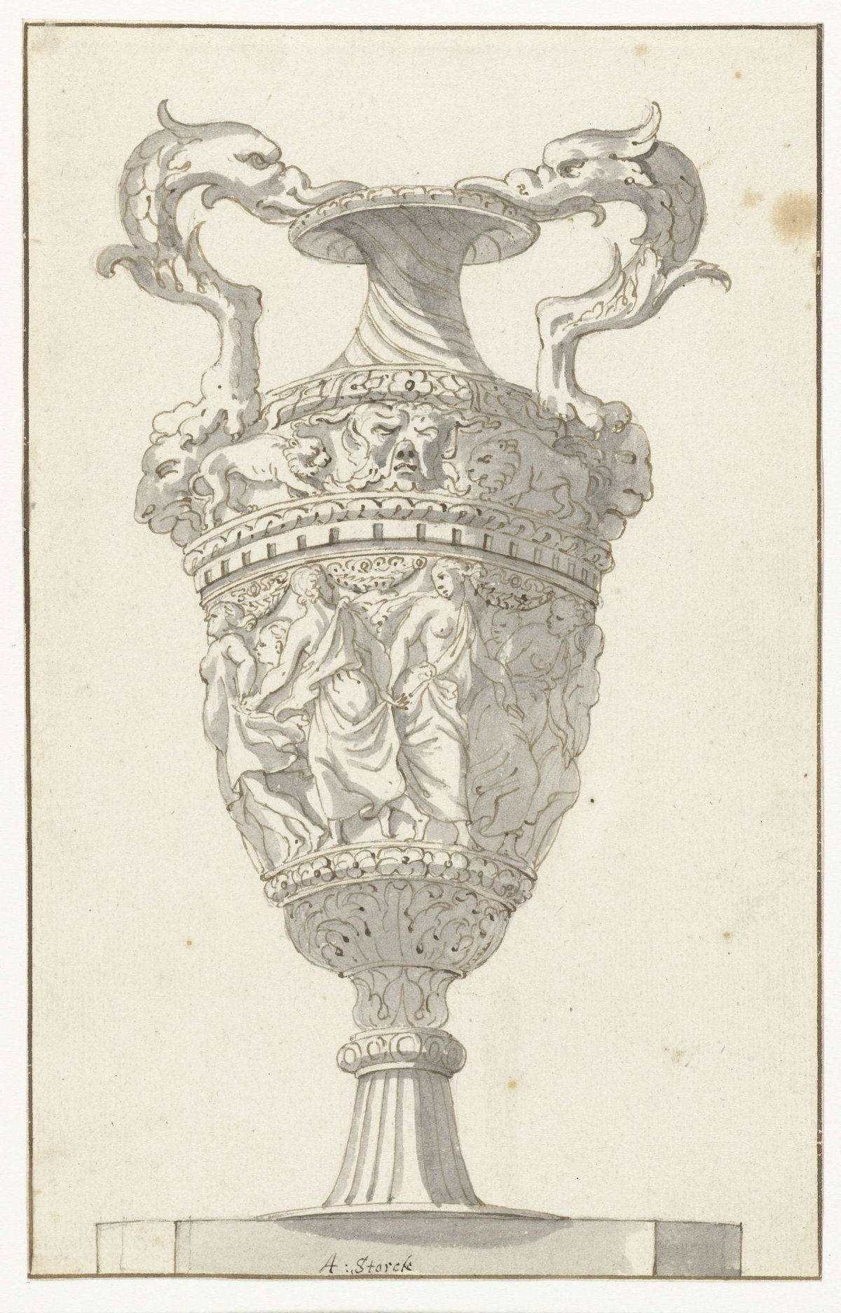 Garden vase with a frieze of dancing women, Abraham Storck, 1645 - 1710