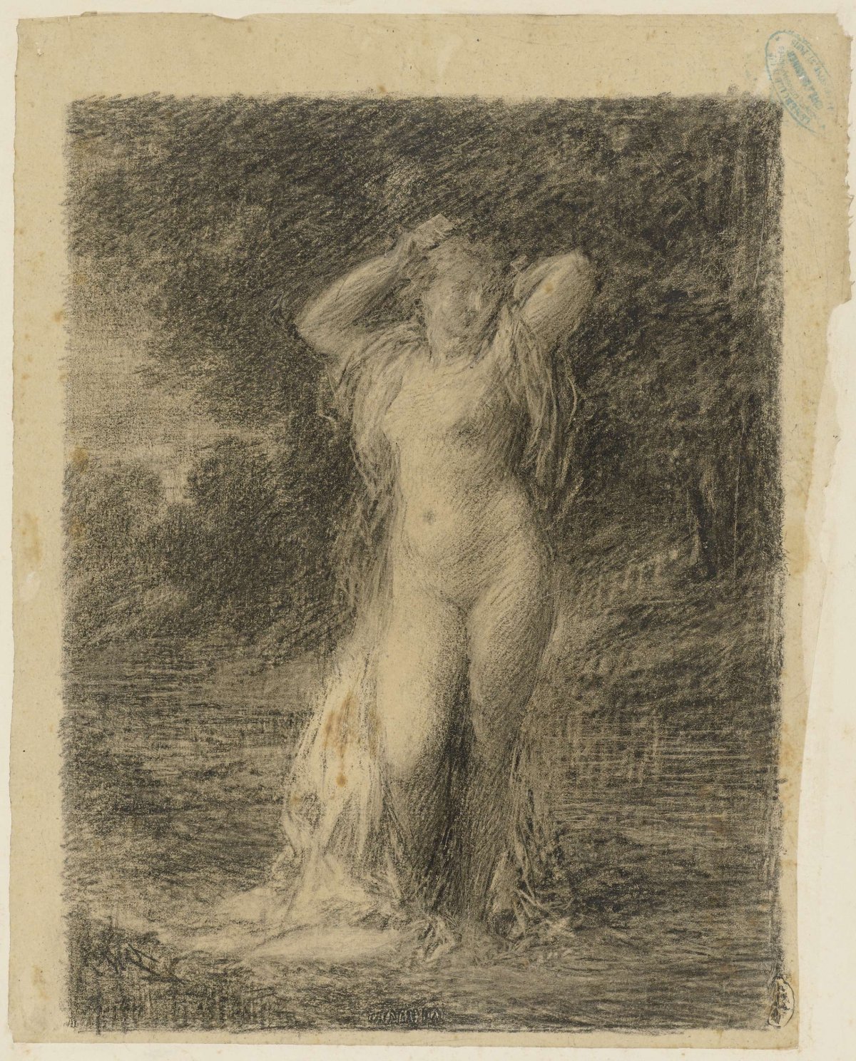 Standing nude woman in a forest landscape with water, Henri Fantin-Latour, c. 1846 - c. 1904