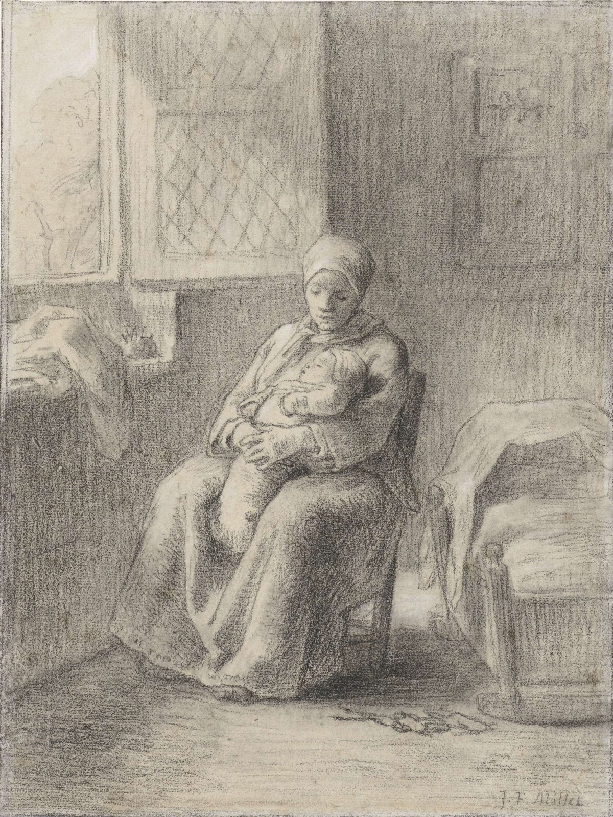 Seated woman with baby at an open window, Jean François Millet, c. 1824 - c. 1875