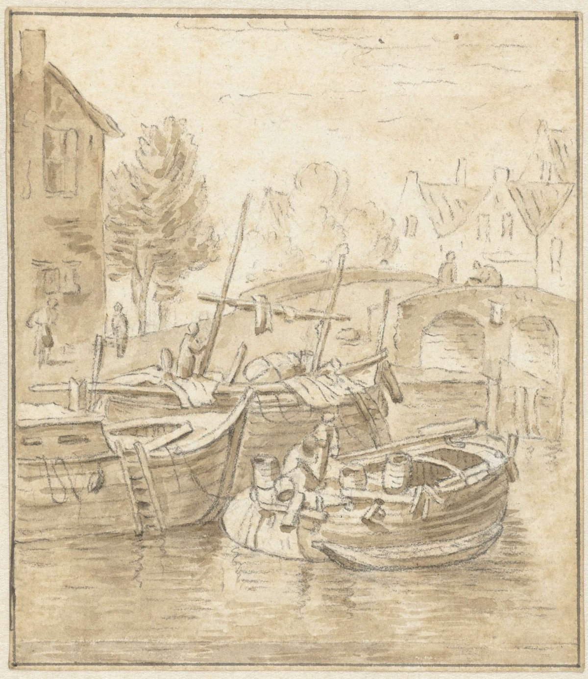 Ships at a bridge in a city, Jacob de Vos (1735-1833), 1814