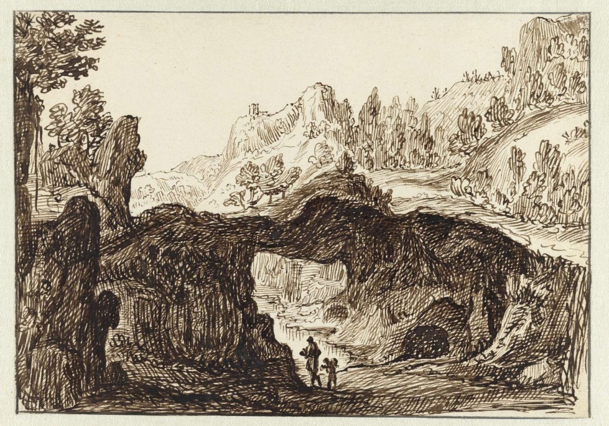 Rocky mountain landscape with two travelers in the foreground, Jan van Almeloveen, 1679