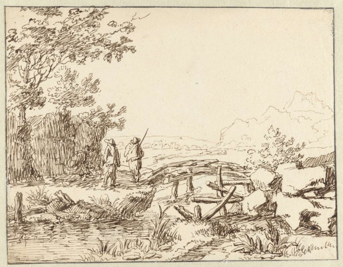 Three men at a bridge, Jan van Almeloveen, 1682