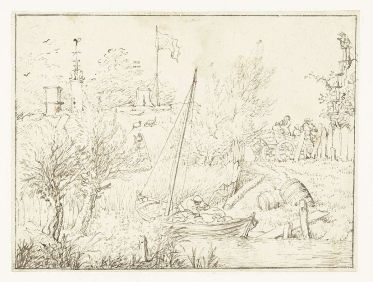 Landscape with a boat, houses and a cart, anonymous, 1600 - 1699