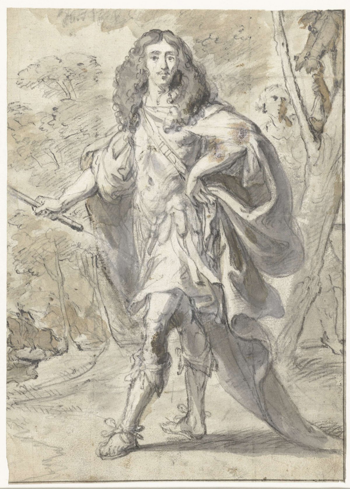 Portrait of a standing man in a landscape, anonymous, 1650 - 1700