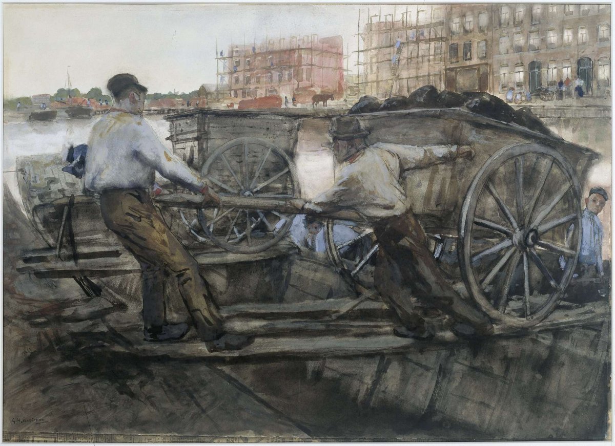 Labourers Pulling a Heavily Laden Cart on Jacob van Lennepkade, Amsterdam, George Hendrik Breitner, 1900