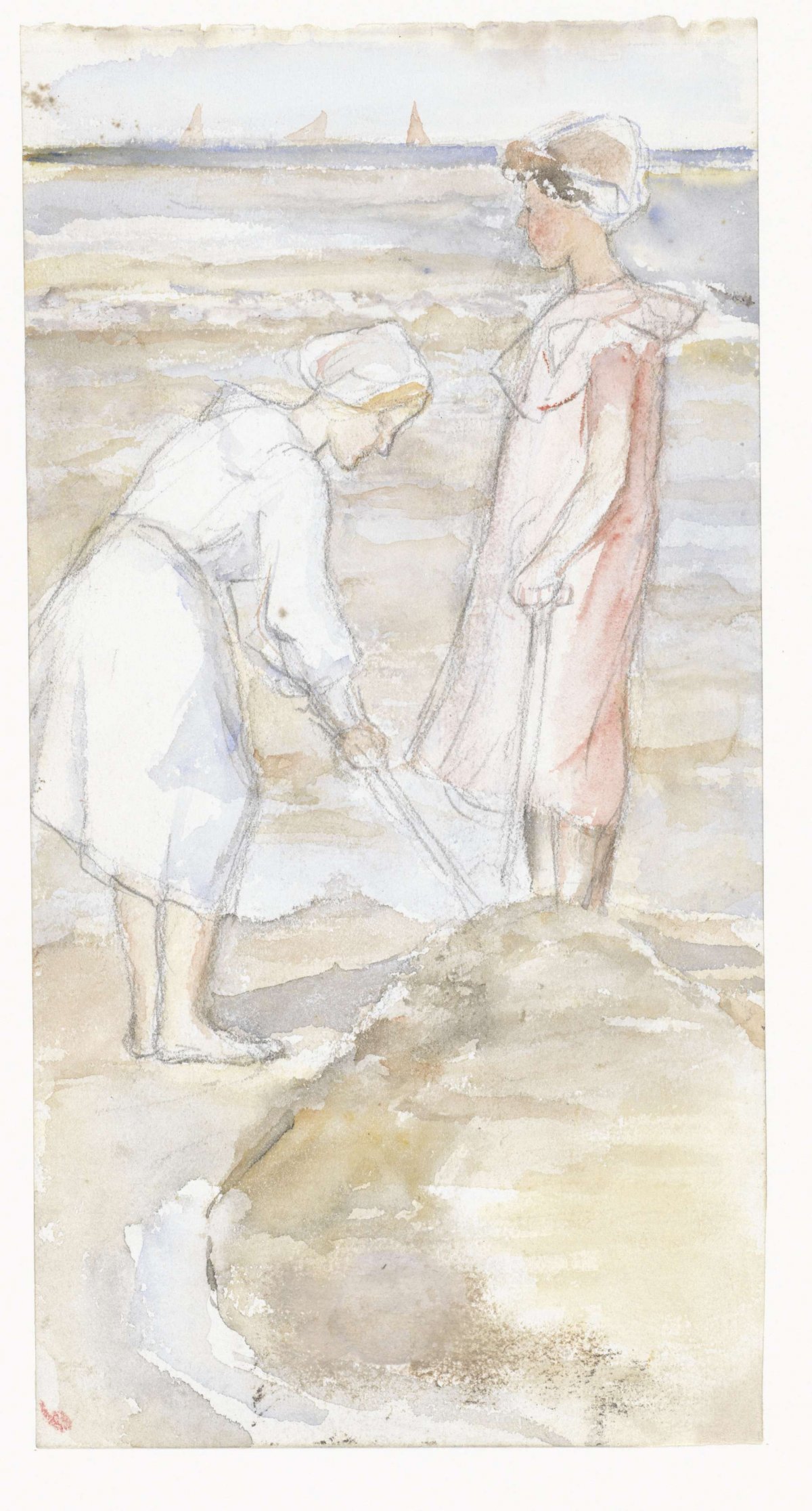 Two girls in pink and white on the beach, Jozef Israëls, 1834 - 1911