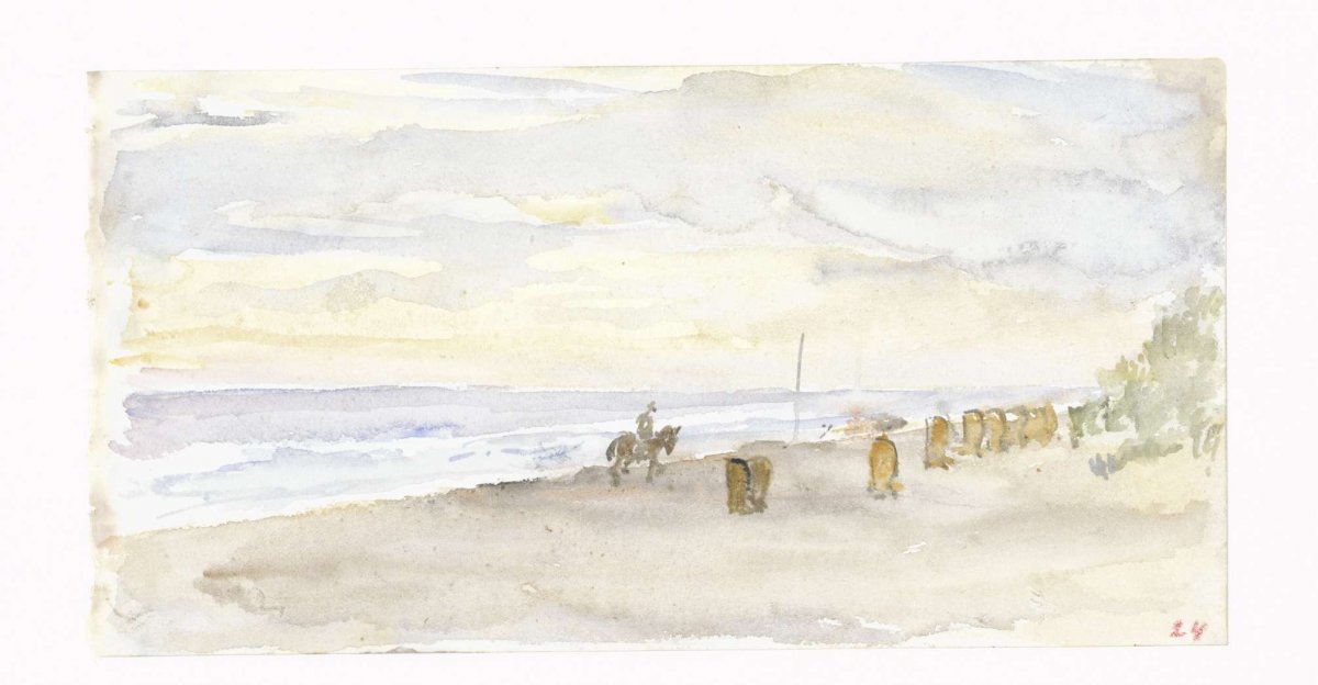 Beach view with rider and bathing chairs, Jozef Israëls, 1834 - 1911