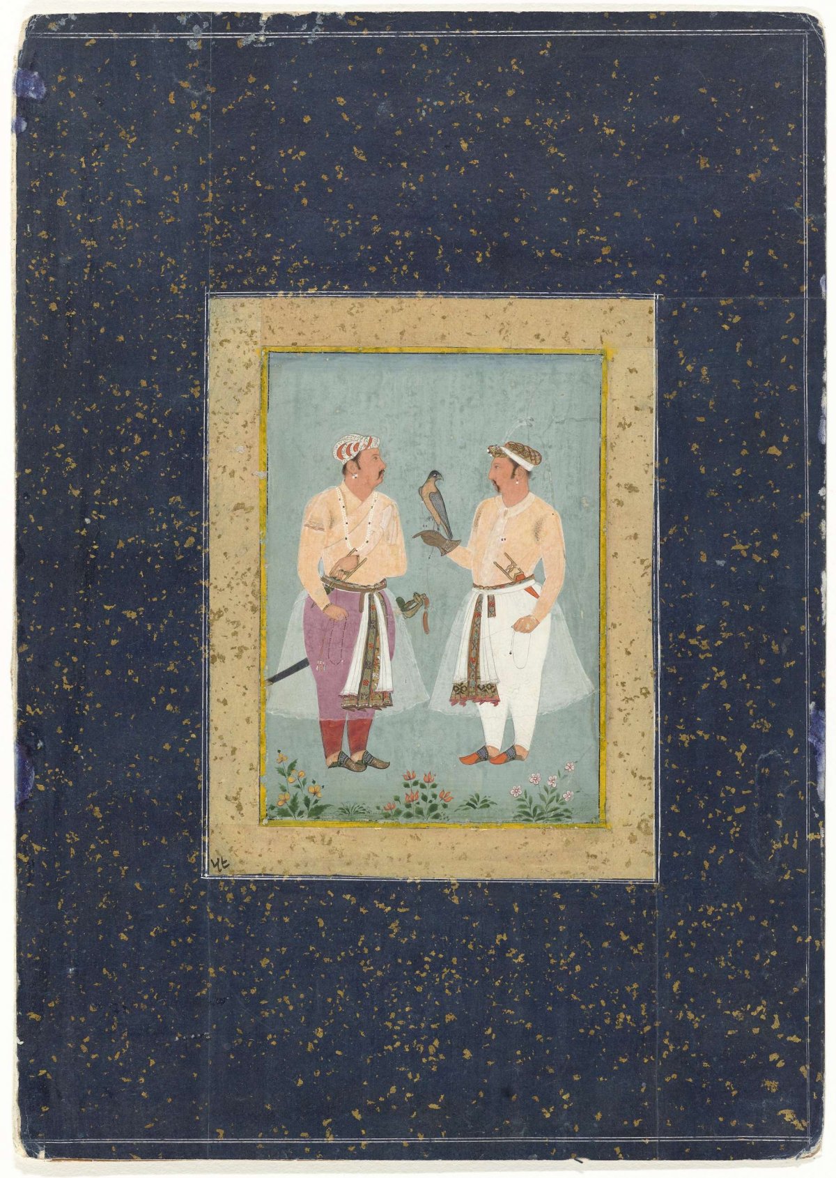 Two standing courtiers, the right one with a bird of prey on his arm, anonymous, c. 1605