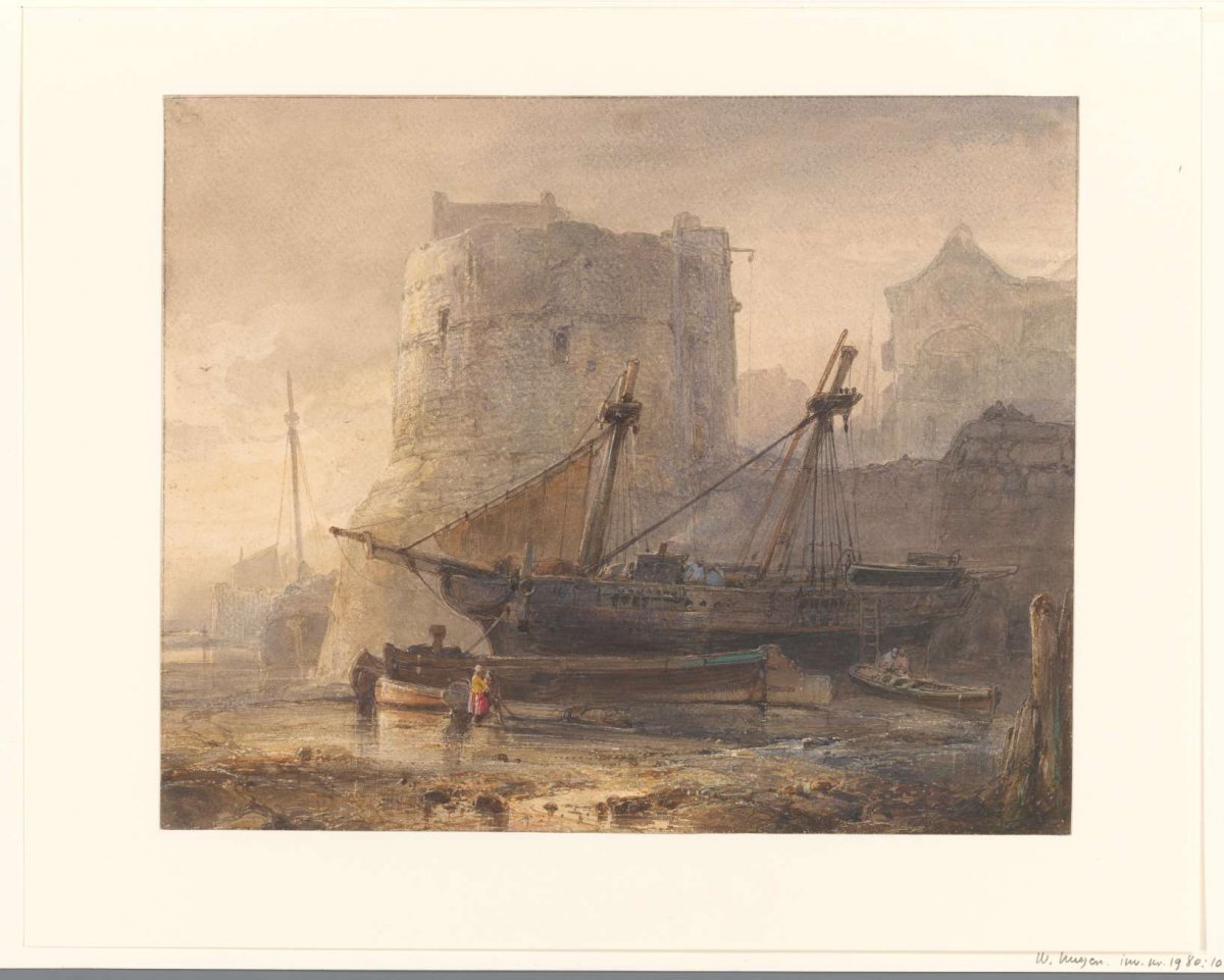 Ships at low tide in a French port, Wijnand Nuijen, 1836