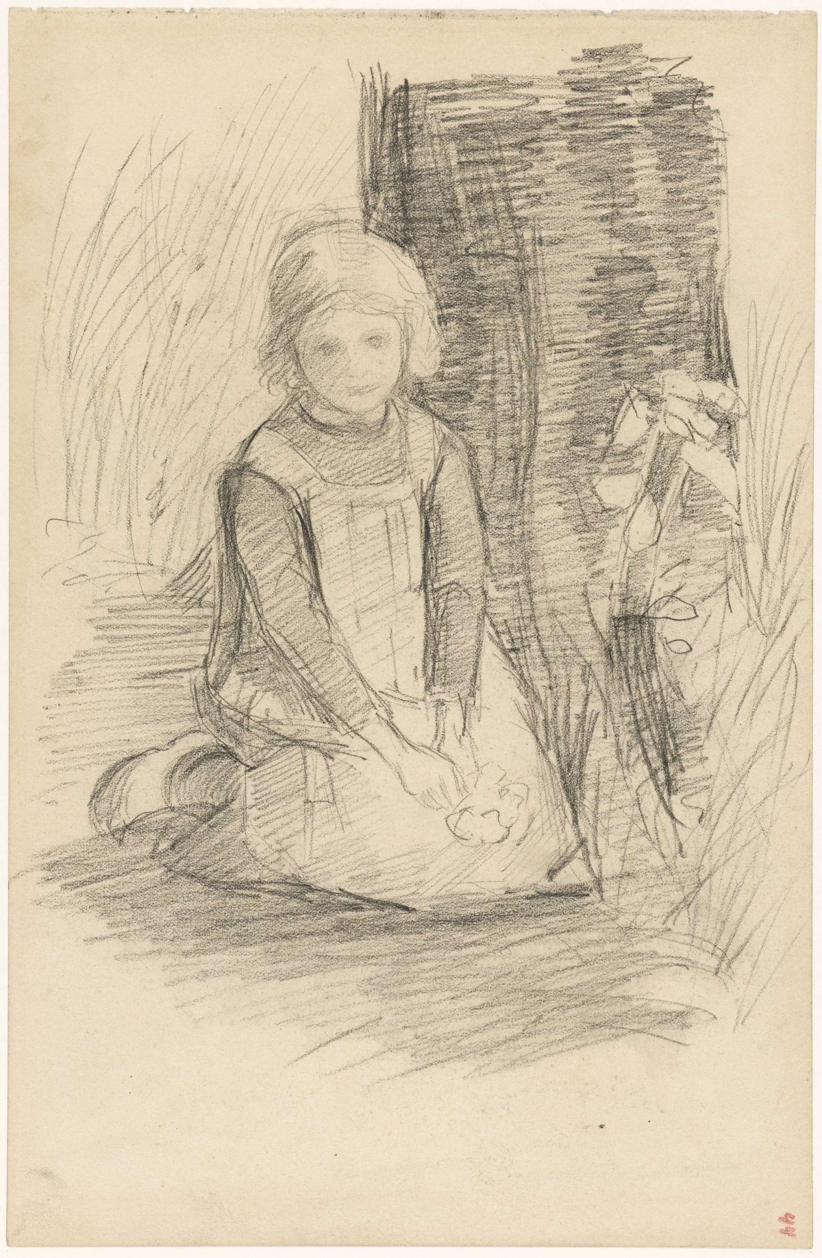 Kneeling girl by a tree, Jozef Israëls, 1834 - 1911