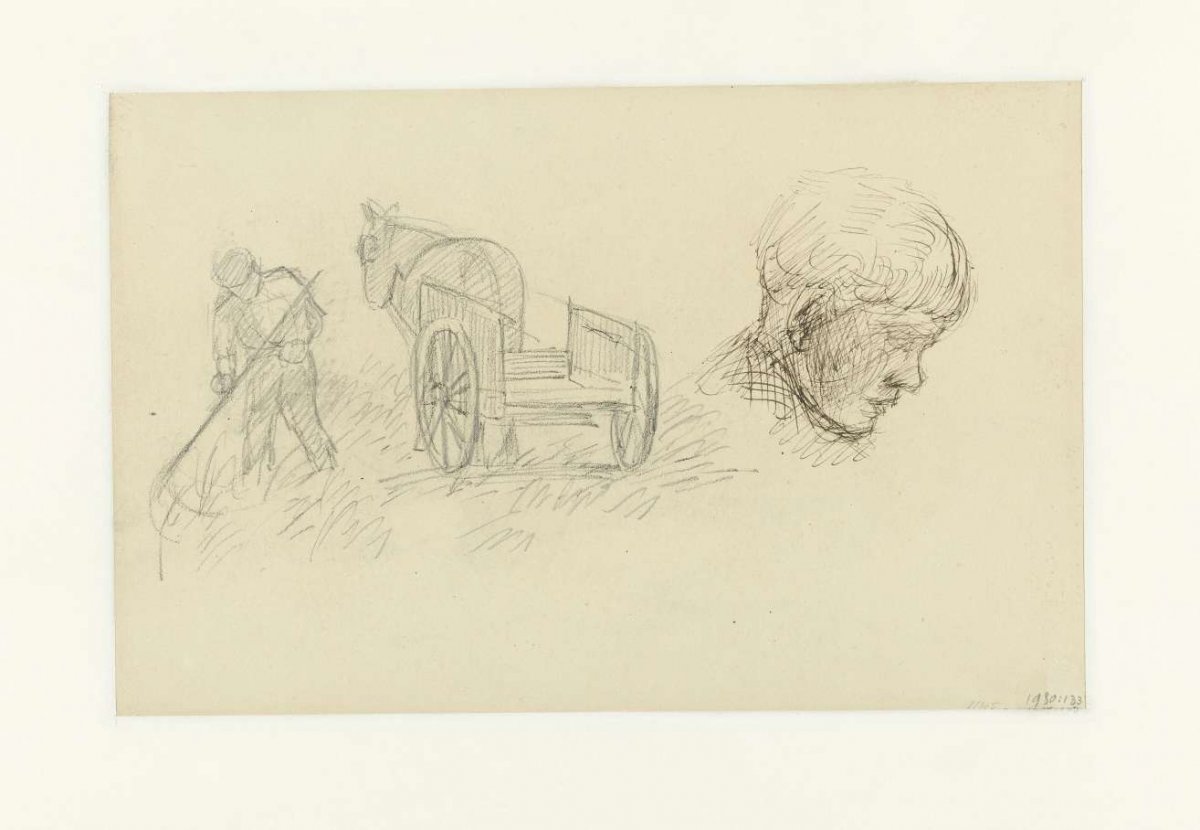 Mowing farmer and cart with horse, boy's head, Jozef Israëls, 1834 - 1911