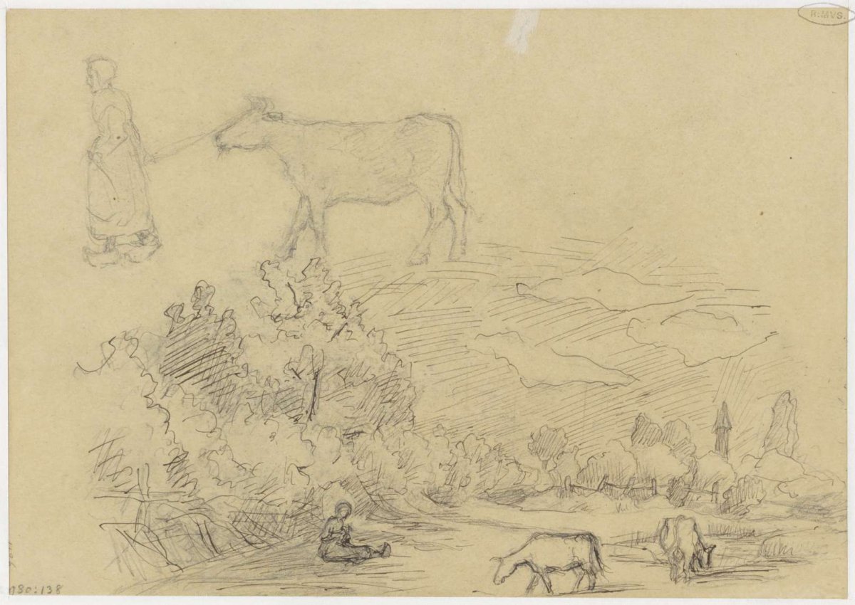 Landscape with grazing cows and woman with a cow, Jozef Israëls, 1834 - 1911