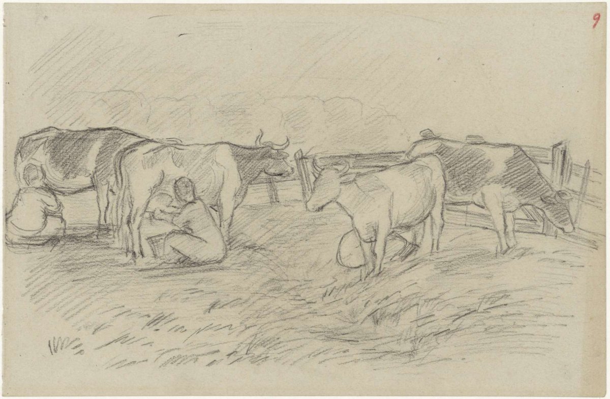 Cows in the pasture, being milked, Jozef Israëls, 1834 - 1911