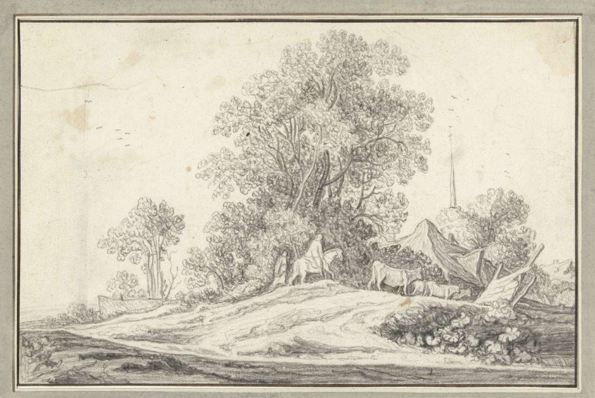 Landscape with a horseman and cows in front of a group of trees, anonymous, 1600 - 1699