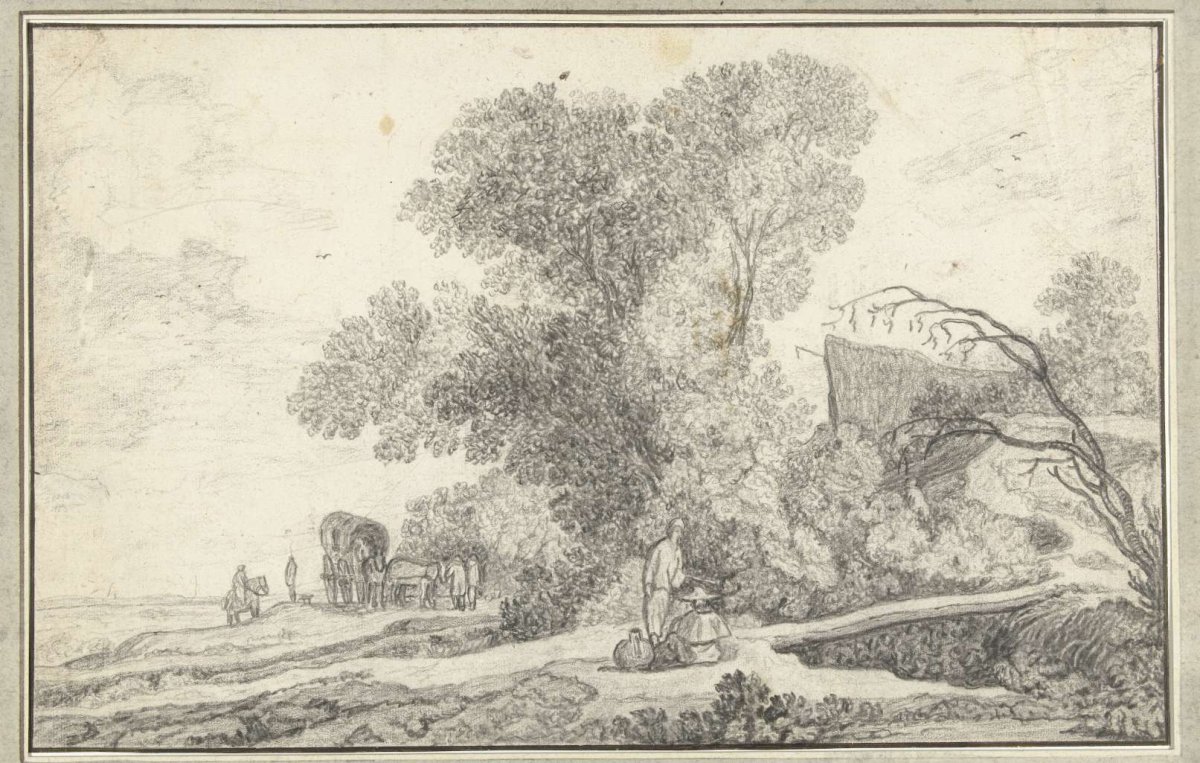 Landscape with tree group and covered wagon, anonymous, 1600 - 1699