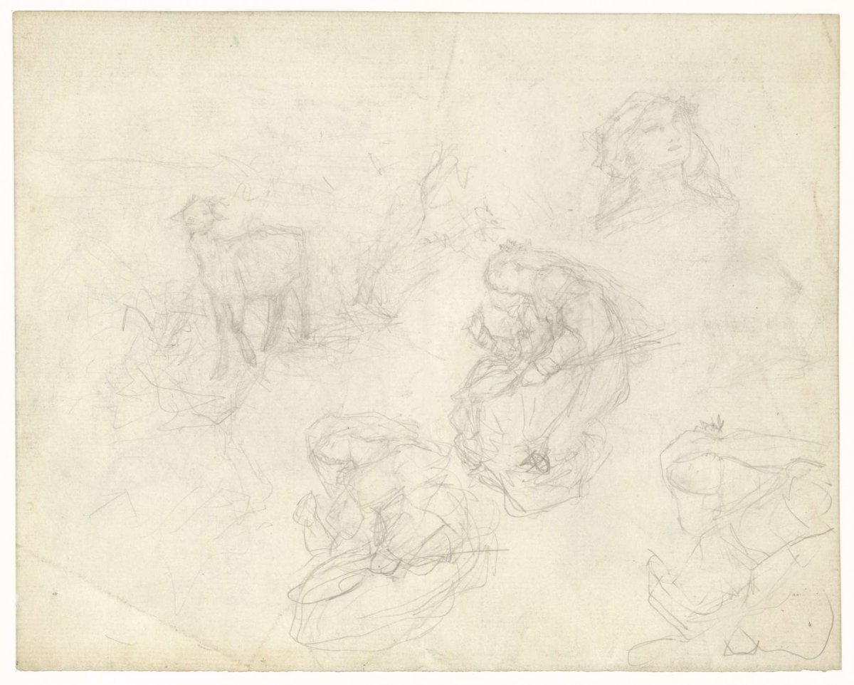 Three studies for a landscape with a girl and two goats, Matthijs Maris, 1849 - 1917