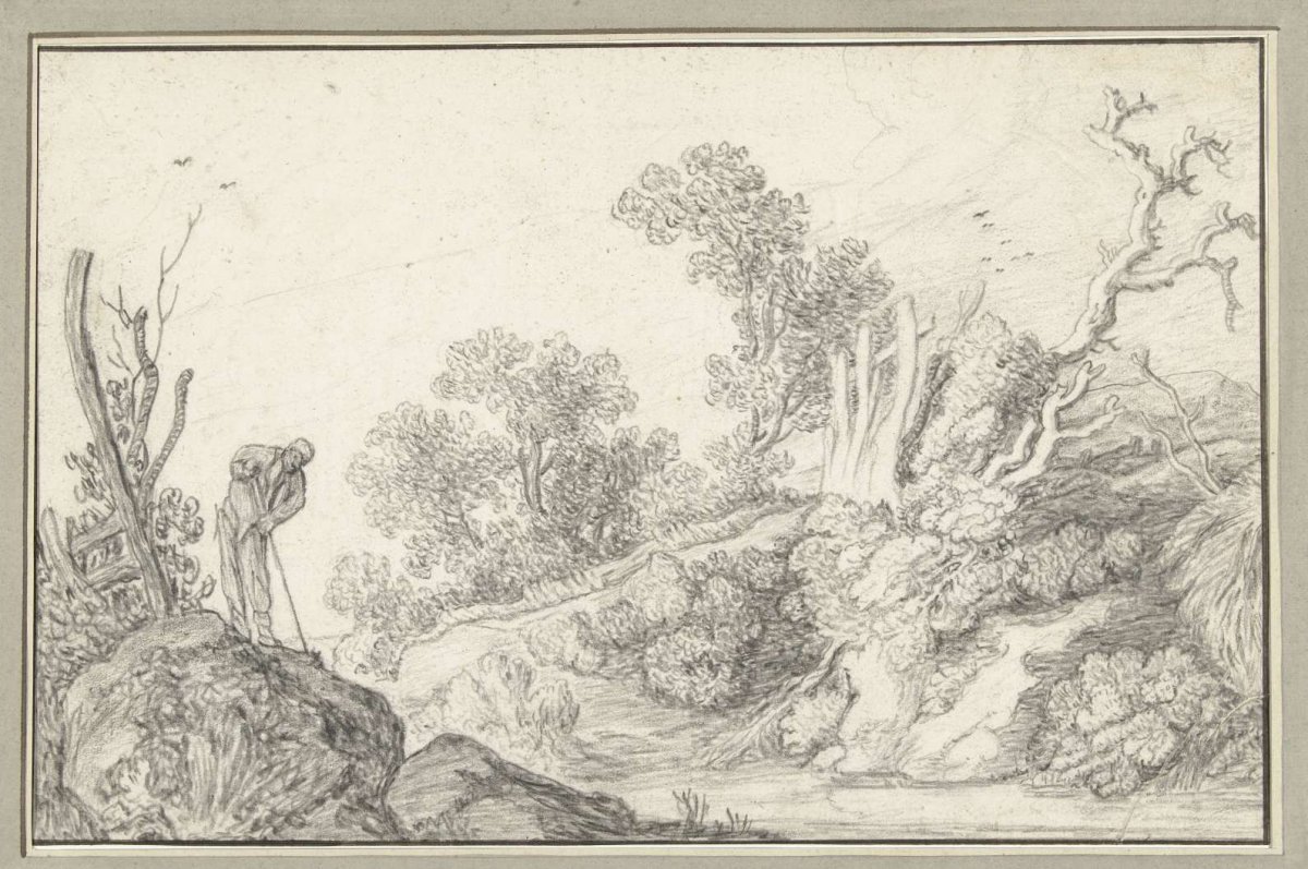 Landscape with bare tree and man with cane, anonymous, 1600 - 1699