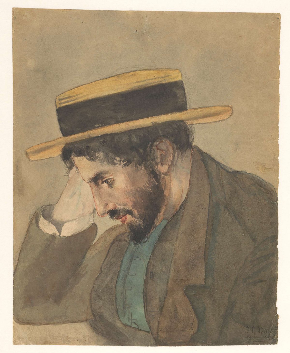 Portrait of a young man with straw hat, Jan Veth, 1878