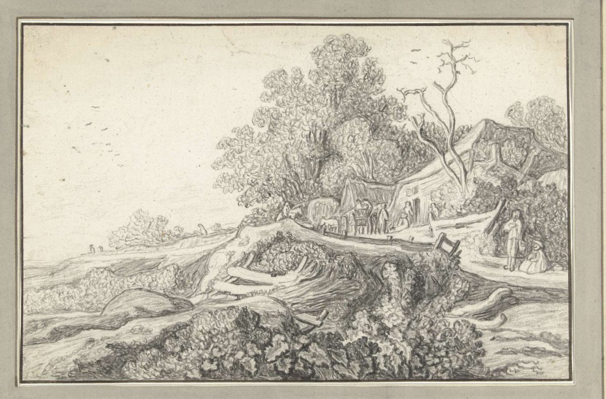 Landscape with a cart and figures near a farmhouse, anonymous, 1600 - 1699
