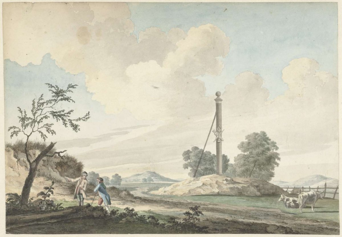 Landscape at the dunes with a milestone and two hikers, Gerrit Toorenburgh, 1765
