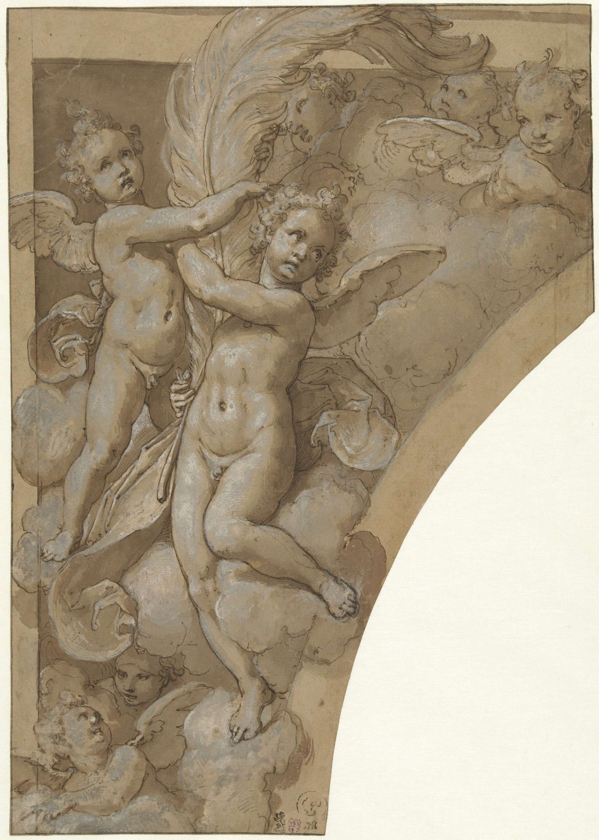 Flight of Angels, Two Holding a Large Feather, Taddeo Zuccaro, c. 1556 - c. 1558