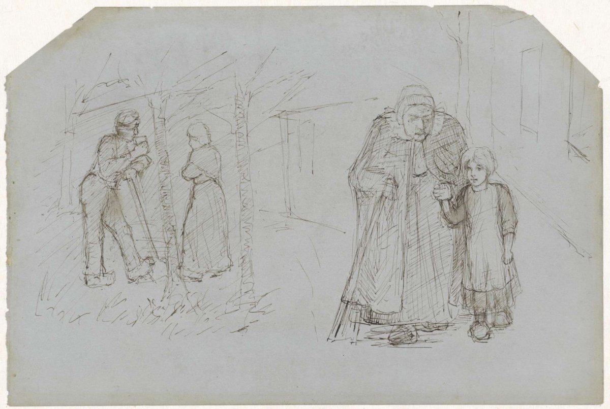 Farmer, peasant woman and girl with an old woman, Jozef Israëls, 1834 - 1911