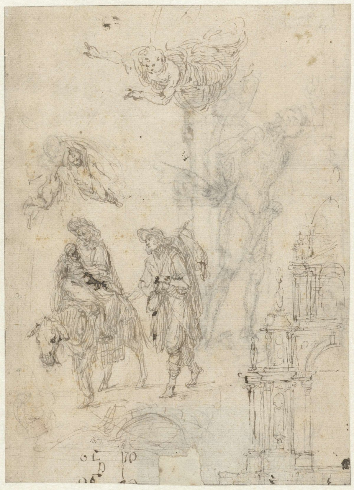 Sketches of the Flight into Egypt, Saint Sebastian and an altar retable, anonymous, 1550 - 1599