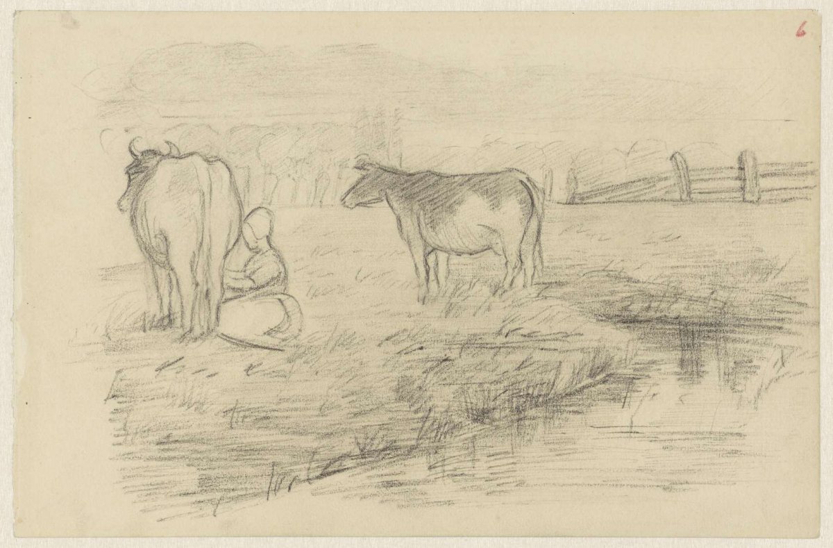 Pasture with three cows and a milkmaid, Jozef Israëls, 1834 - 1911