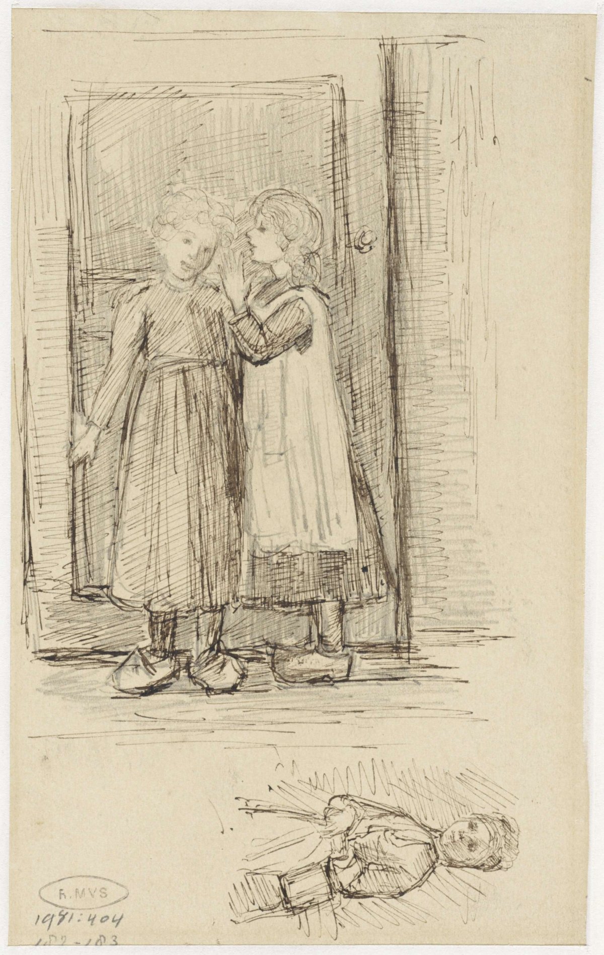 Two girls at a door and sketch of a girl, Jozef Israëls, 1834 - 1911
