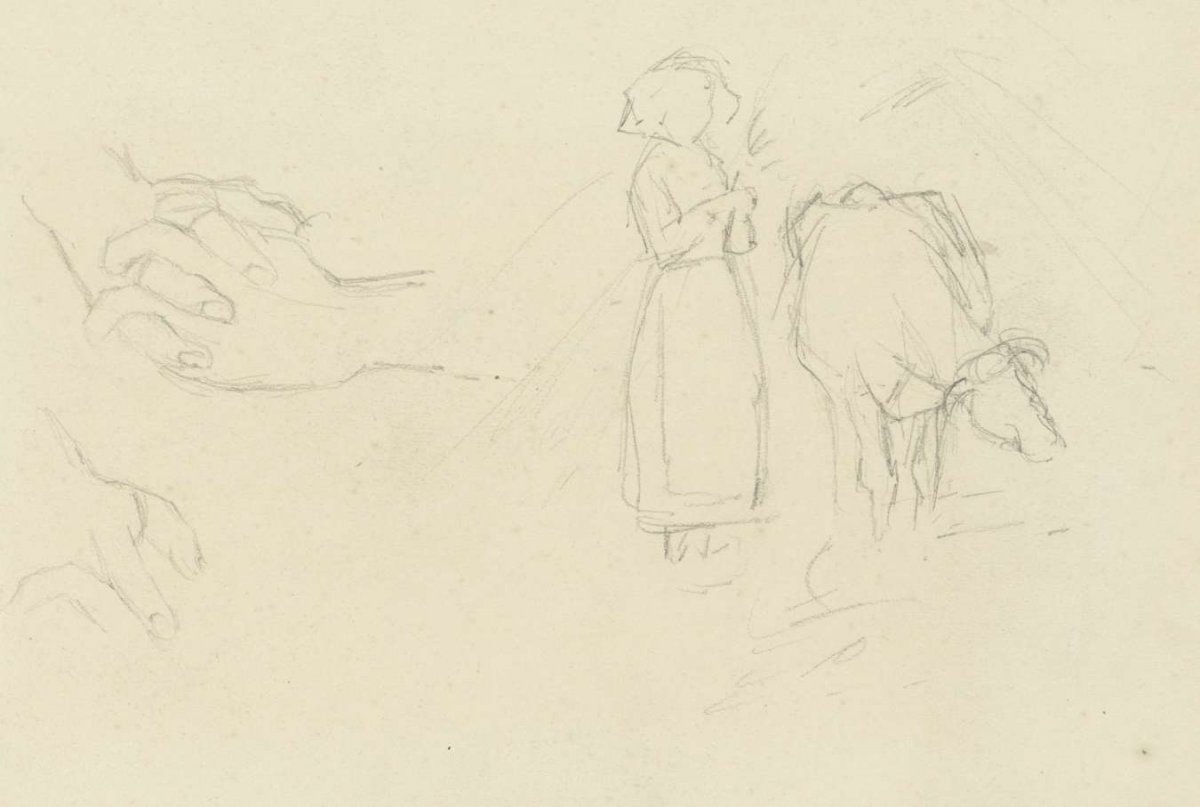 Sketches of hands, a girl and a cow, Jozef Israëls, 1834 - 1911