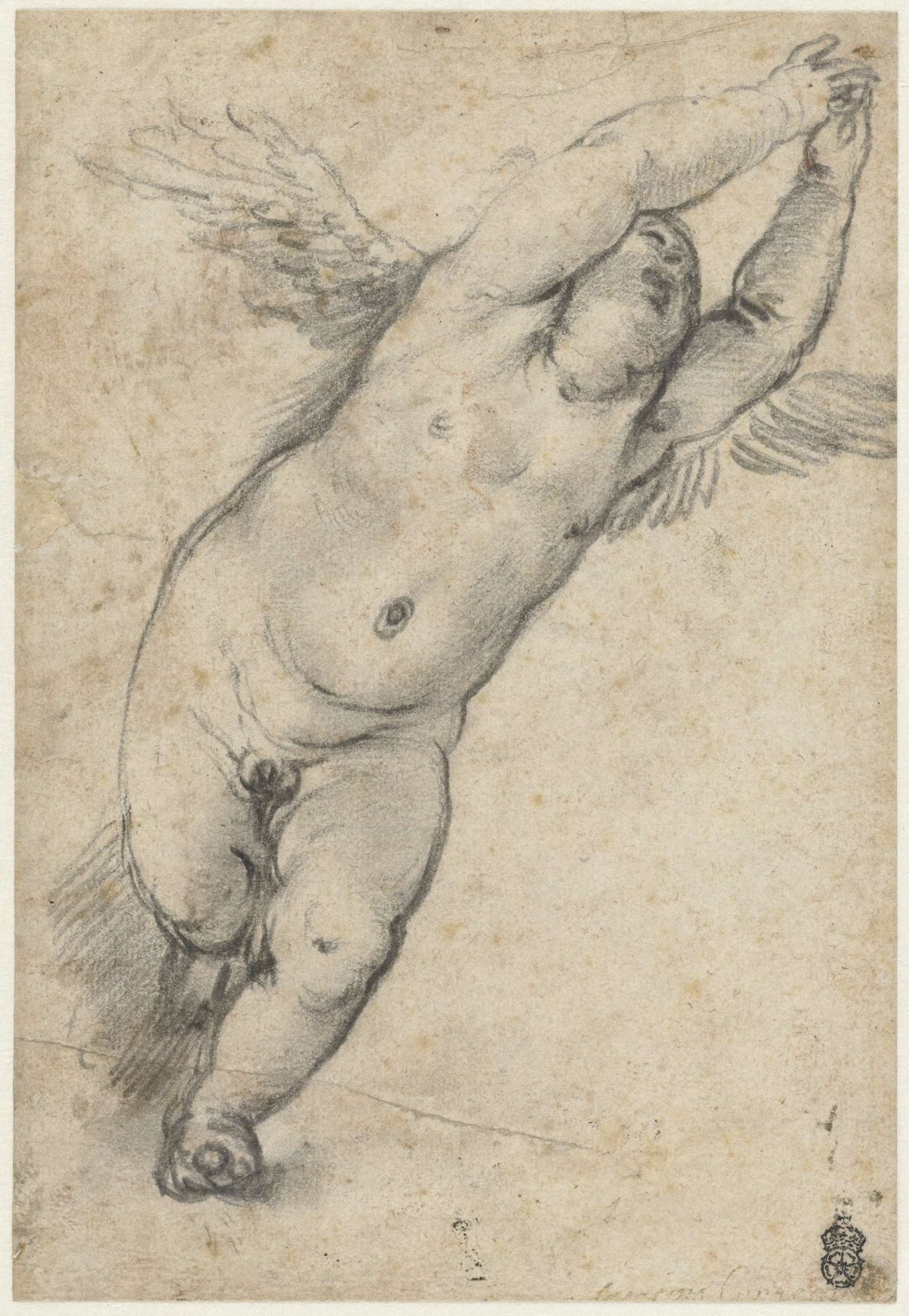 Flying putto with raised arms, Agostino Carracci, 1582 - 1602