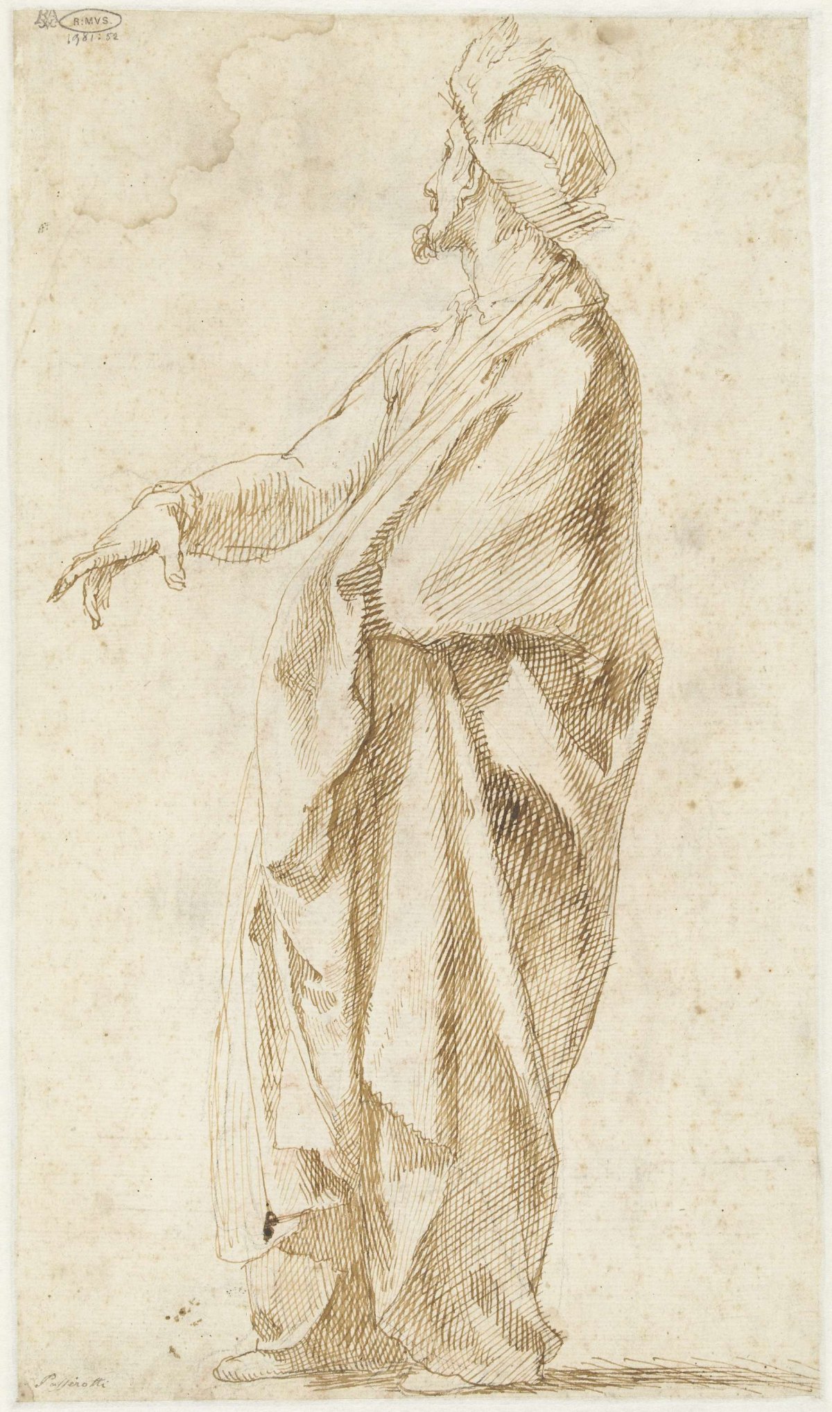 Draped model, with one hand extended forward, Bartolomeo Passarotti, 1539 - 1592
