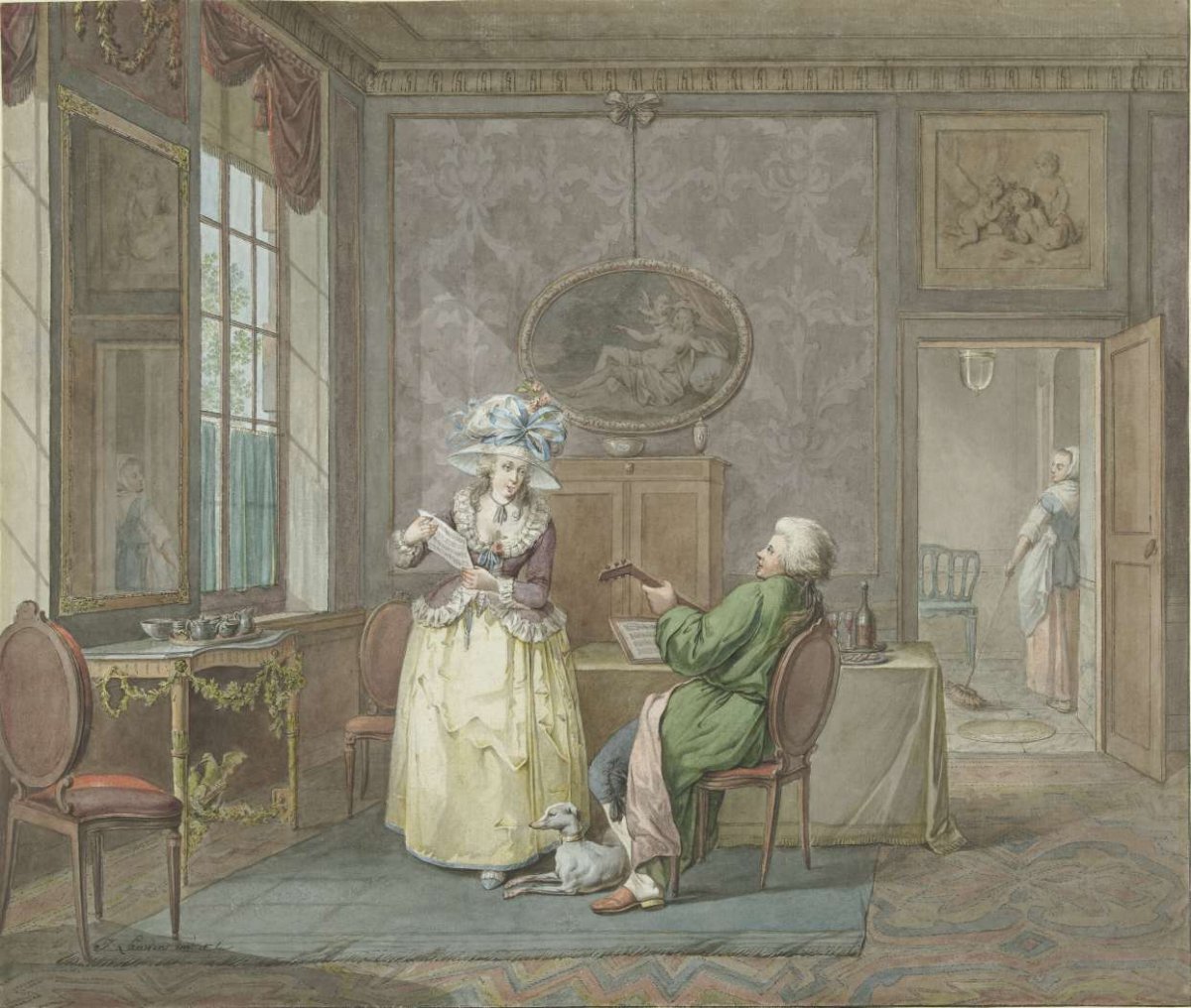 Musical couple in an interior, Jacobus Johannes Lauwers, 1763 - 1800