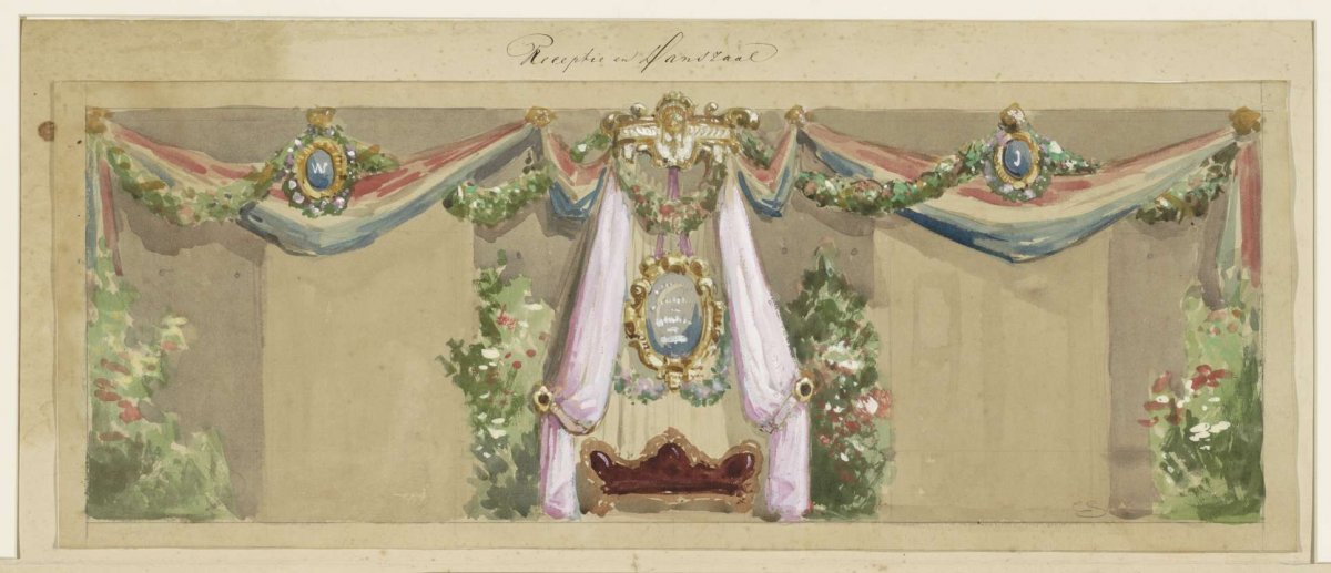 Design for party decorations celebrating the silver wedding anniversary of J.C. van Pappelendam and wife, Cornelis Springer, 1871