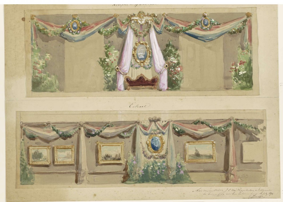 Design for party decorations celebrating the silver wedding anniversary of J.C. van Pappelendam and wife, Cornelis Springer, 1871