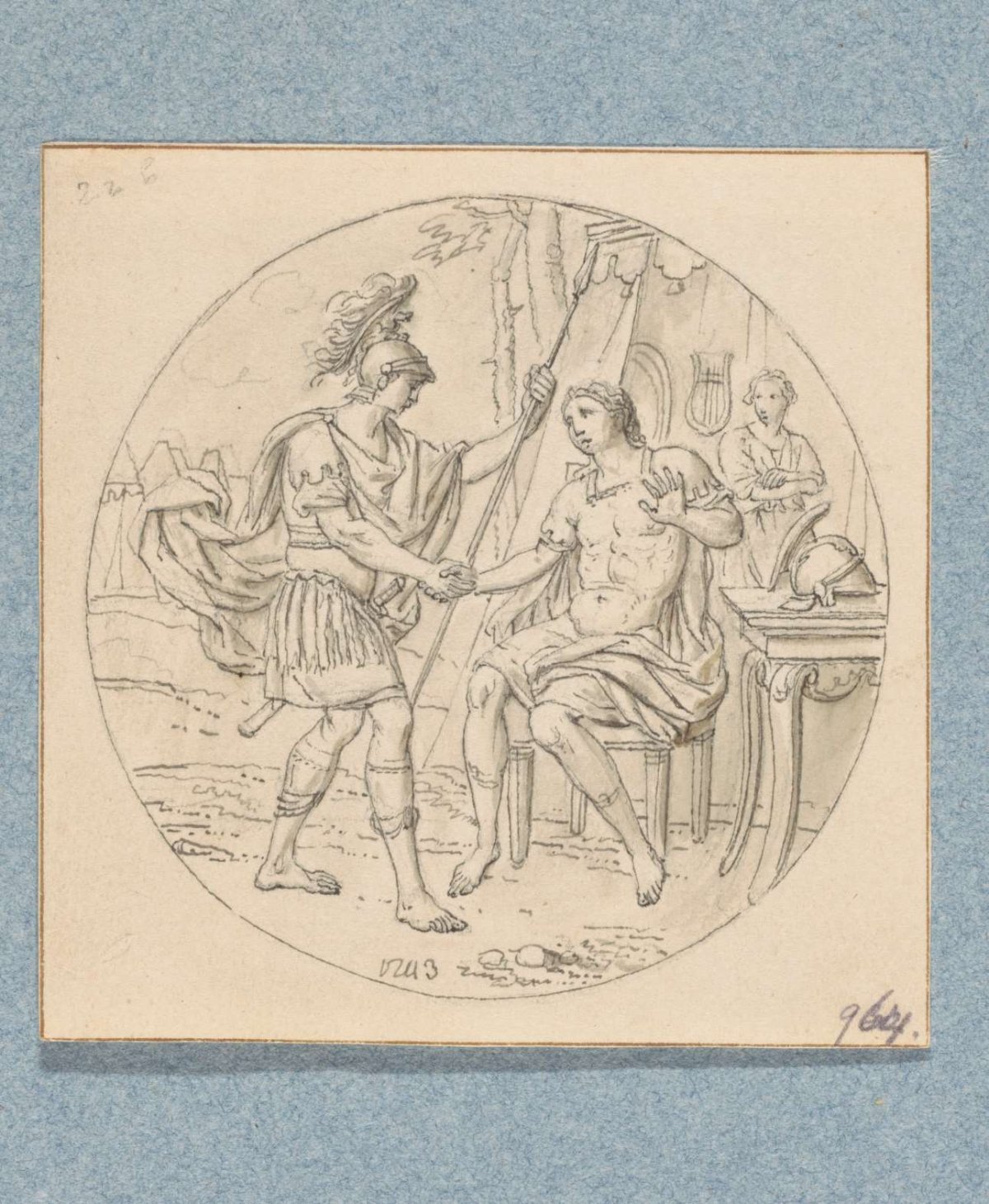Arriving soldier shakes hands with a seated man (in box of 43 drawings), Louis Fabritius Dubourg, 1743