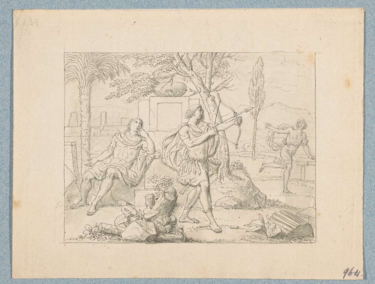 A soldier shoots an arrow at a man running away (in box of 43 drawings), Louis Fabritius Dubourg, 1747