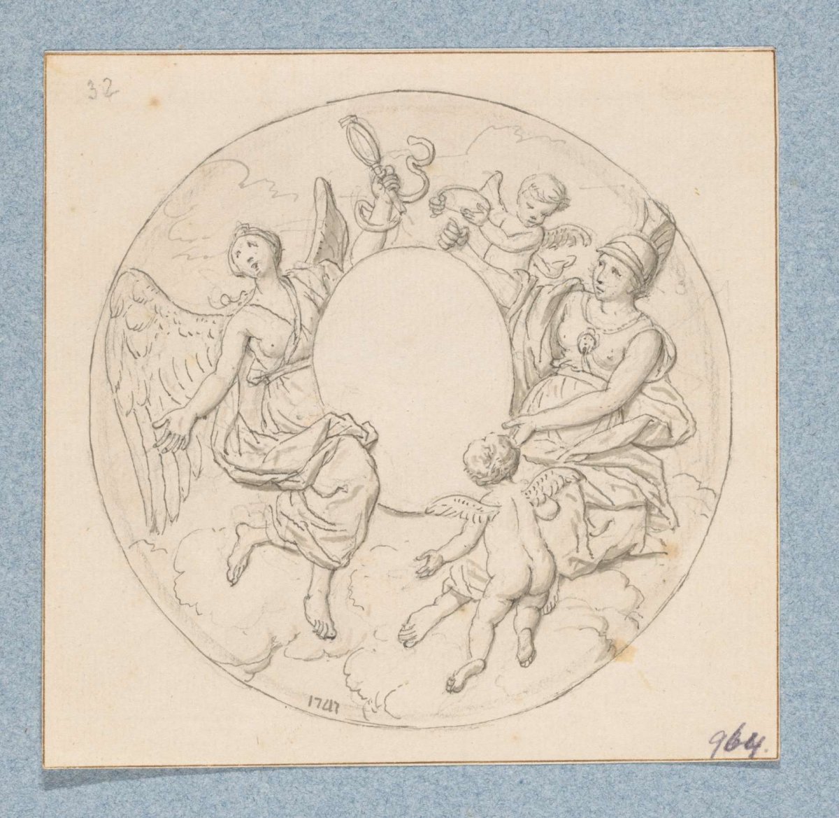 Allegorical cartouche with Prudentia, Minerva and erotes (in box of 43 drawings), Louis Fabritius Dubourg, 1747
