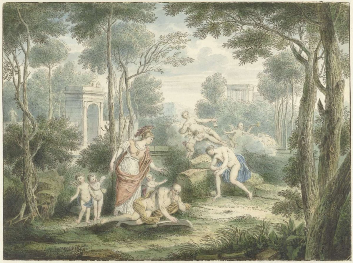 Arcadian landscape with Athena crowning an old man and Venus and Adonis, Louis Fabritius Dubourg, 1747