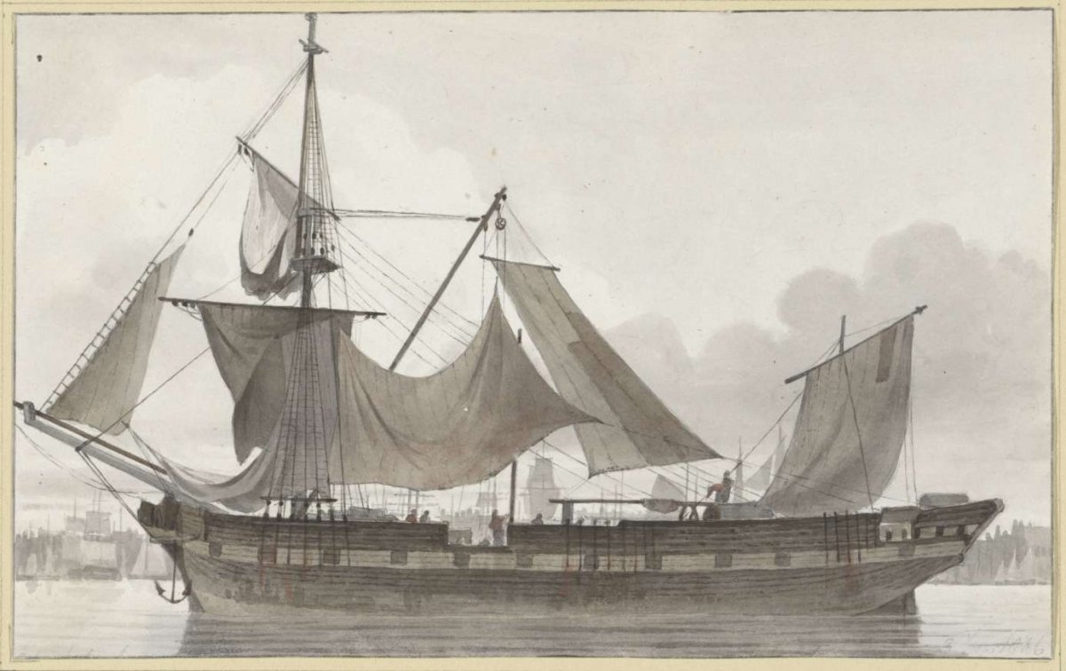 Three-master under emergency rigging, entering a harbor with weak winds, Hendrik Abraham Klinkhamer, 1846