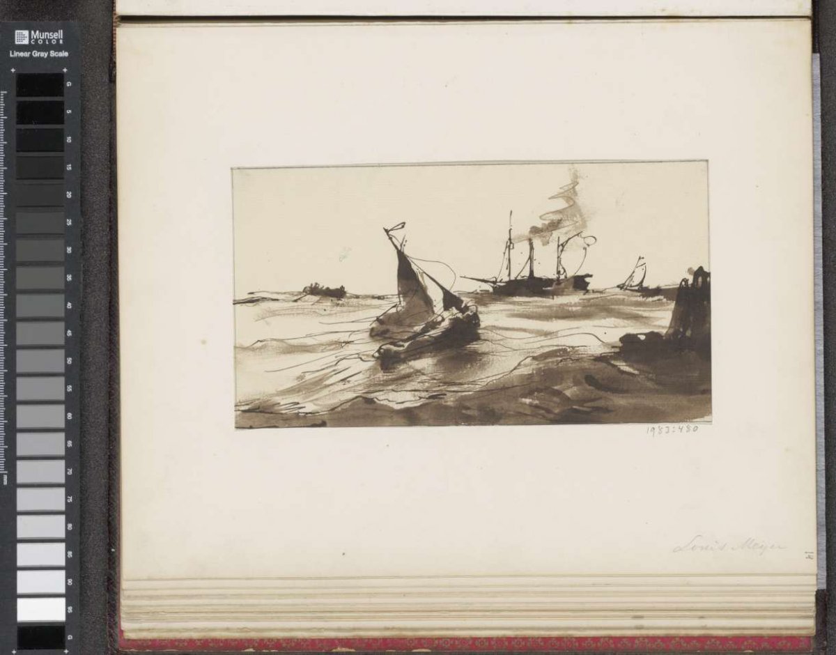 Ships at sea in stormy weather, Louis Meijer, 1849