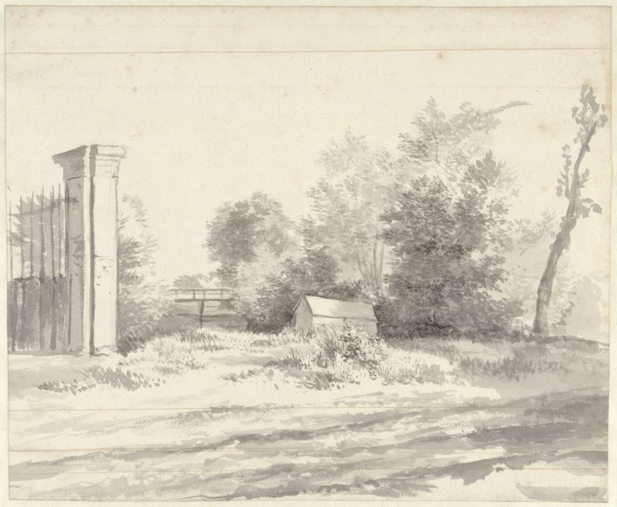 Access fence and a doghouse on a road, Abraham Johannes Ruytenschildt, 1788 - 1841