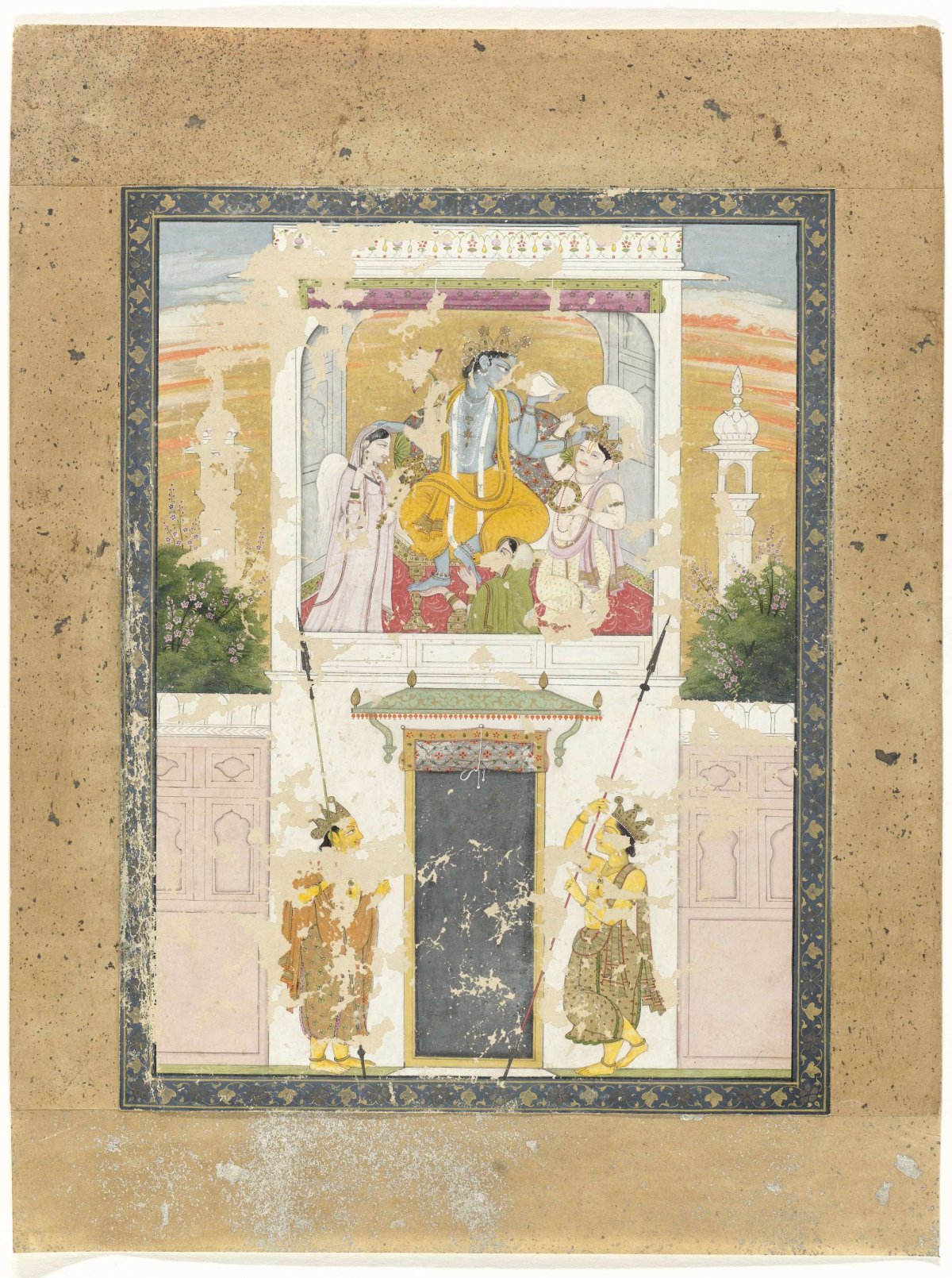 Vishnu seated on a throne on the second floor of a building, anonymous, 1800 - 1825